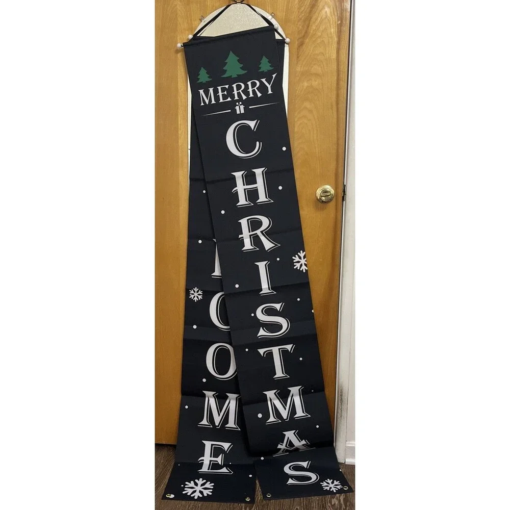 Lot of 2 Porch Sign Hanging Banners - Merry Christmas Trees & Welcome Reindeer